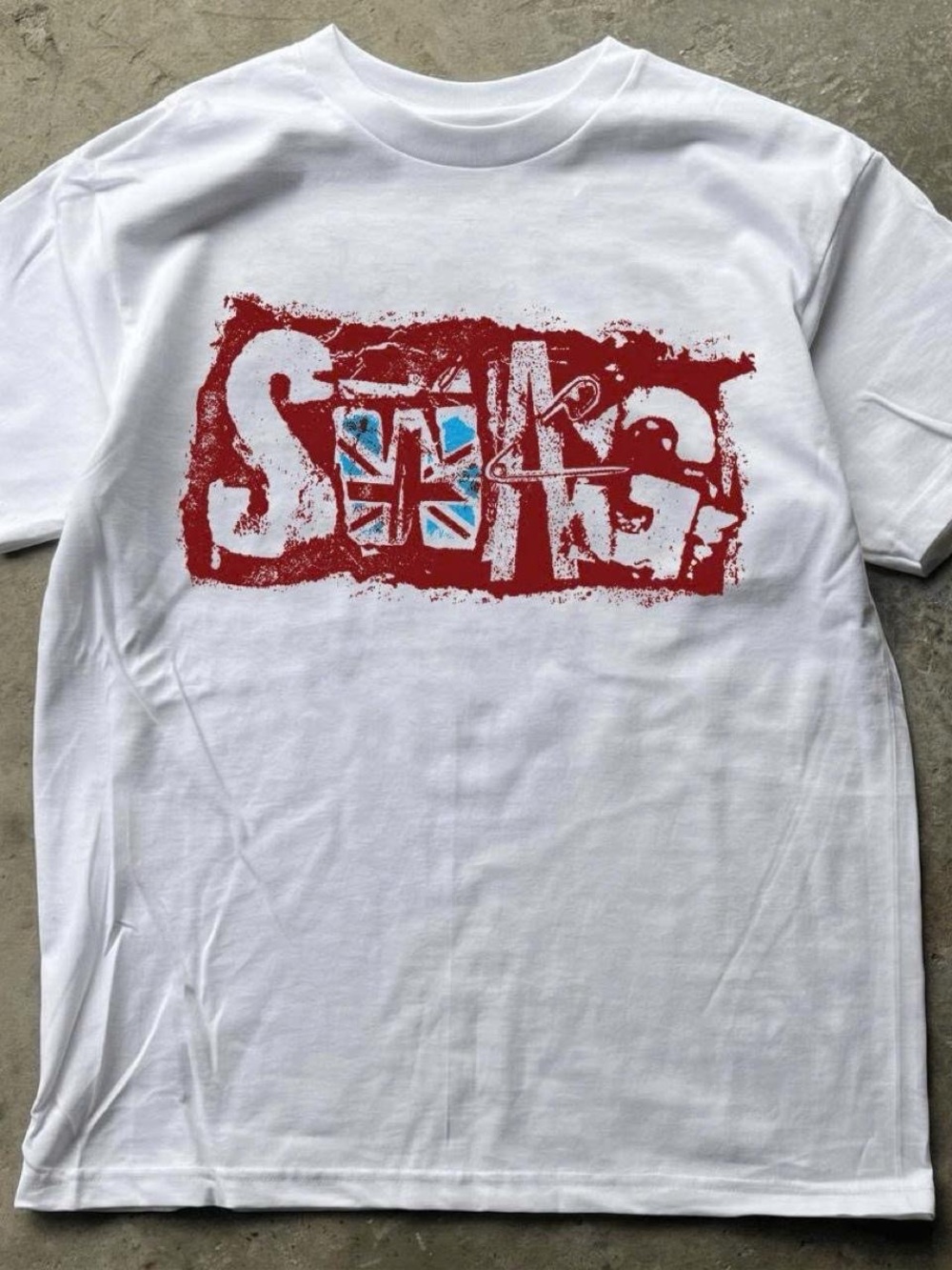 Gildan White Tee with Red Distressed Graphic and Blue Accents